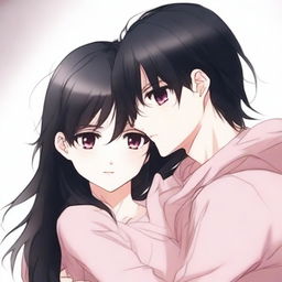 A girl with long black-brown hair and pink eyes hugging a boy with black hair and brown eyes