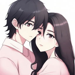 A girl with long black-brown hair and pink eyes hugging a boy with black hair and brown eyes