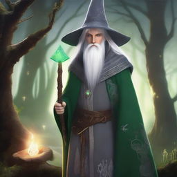 A young male High Elf with white hair, green eyes, and a beard, wearing gray wizard clothes and a witch hat