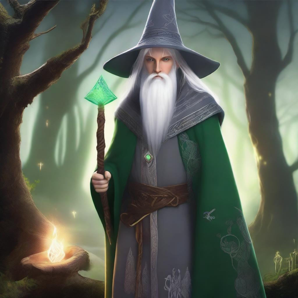 A young male High Elf with white hair, green eyes, and a beard, wearing gray wizard clothes and a witch hat