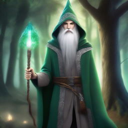 A young male High Elf with white hair, green eyes, and a beard, wearing gray wizard clothes and a witch hat