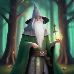 A young male High Elf with white hair, green eyes, and a beard, wearing gray wizard clothes and a witch hat