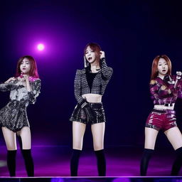 K-pop group Blackpink dancing on a brightly lit stage, showing off their synchronized and powerful dance moves with stylish outfits