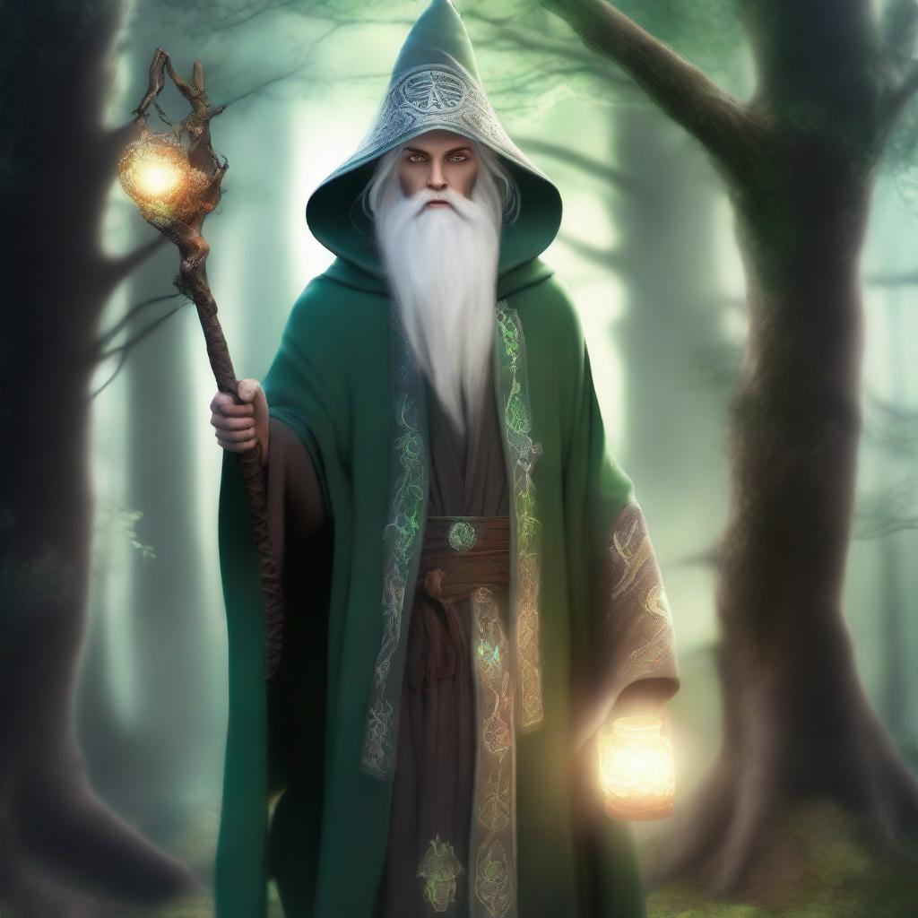 A young male High Elf with white hair, green eyes, and a beard, wearing gray wizard clothes and a witch hat