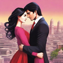 A girl with long black-brown hair and bright pink eyes, wearing a long red frock, hugging a man with black hair and brown eyes who is wearing a business suit