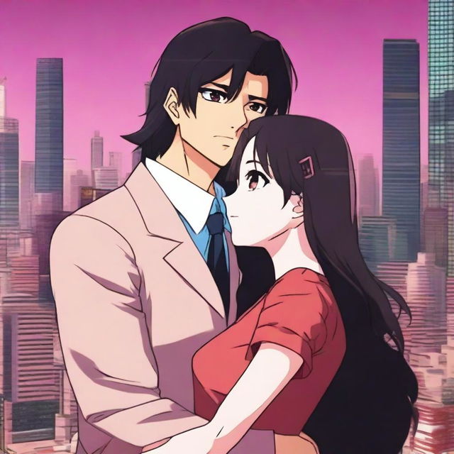 An anime-style image featuring a girl with long black-brown hair and bright pink eyes, wearing a long red frock