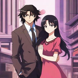 An anime-style image featuring a girl with long black-brown hair and bright pink eyes, wearing a long red frock