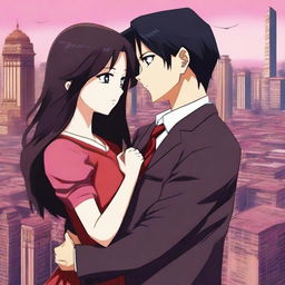 An anime-style image featuring a girl with long black-brown hair and bright pink eyes, wearing a long red frock