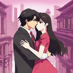 An anime-style image featuring a girl with long black-brown hair and bright pink eyes, wearing a long red frock