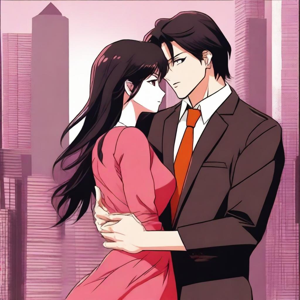 A girl with long black-brown hair and bright pink eyes wearing a long red frock is hugging a man with black hair and brown eyes who is wearing a business suit