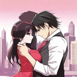 A girl with long black-brown hair and bright pink eyes wearing a long red frock is hugging a man with black hair and brown eyes who is wearing a business suit