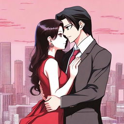 A girl with long black-brown hair and bright pink eyes wearing a long red frock is hugging a man with black hair and brown eyes who is wearing a business suit