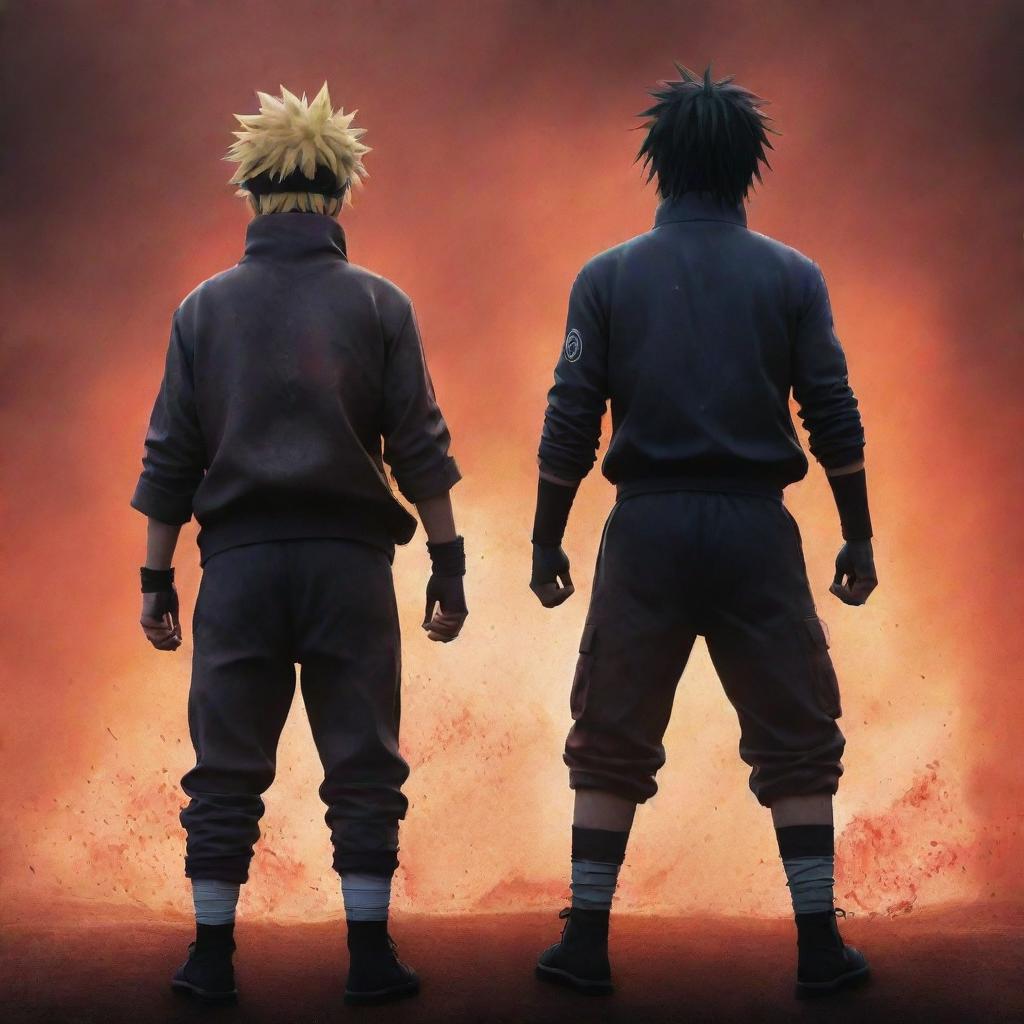 An amplified anime-style portrayal of Naruto and Sasuke standing back-to-back, emanating a raw, intensified power. Their faces masked with fury, bodies speckled with blood; the ground shakes beneath their might.