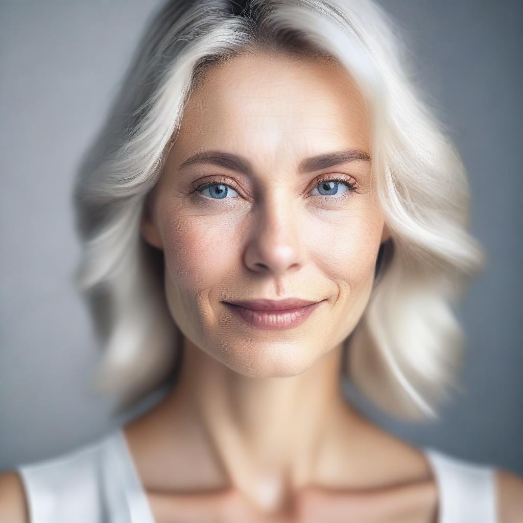 A realistic depiction of a beautiful white European woman with minimal filters