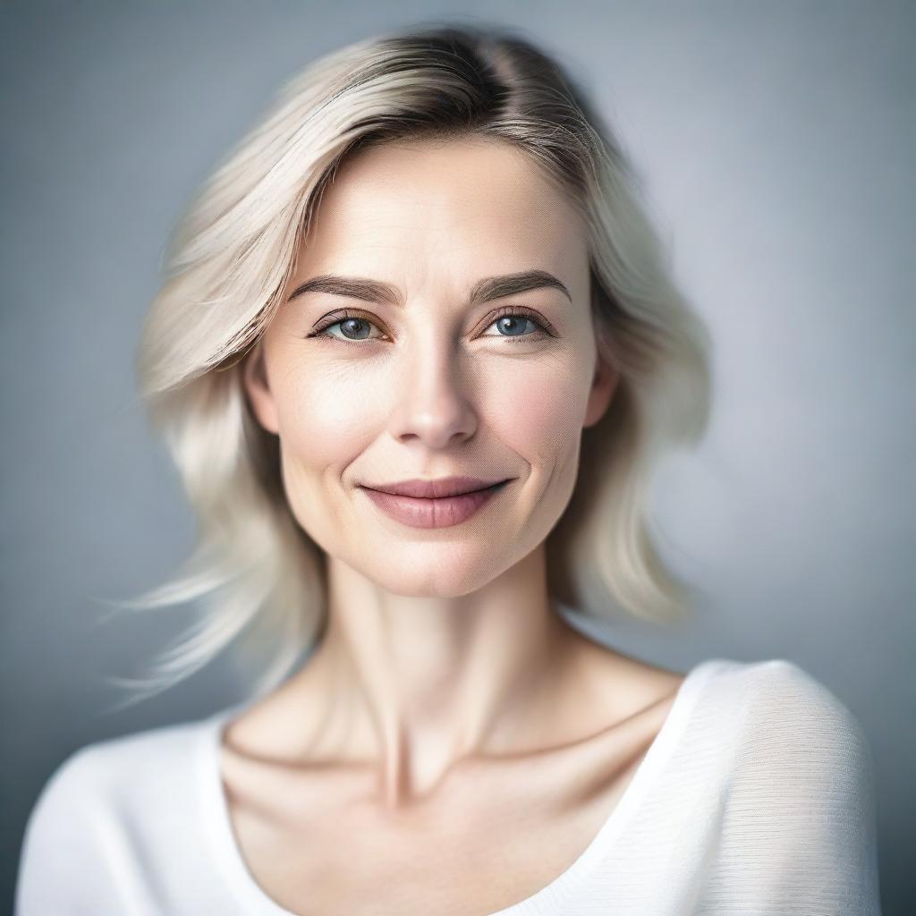 A realistic depiction of a beautiful white European woman with minimal filters