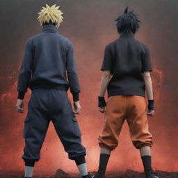 An amplified anime-style portrayal of Naruto and Sasuke standing back-to-back, emanating a raw, intensified power. Their faces masked with fury, bodies speckled with blood; the ground shakes beneath their might.