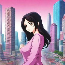 A 3D manga poster featuring a girl with long black-brown hair and bright pink eyes, wearing a long jeans frock