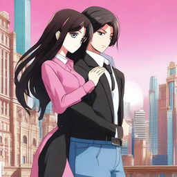 A 3D manga poster featuring a girl with long black-brown hair and bright pink eyes, wearing a long jeans frock