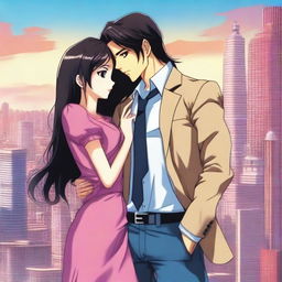 A 3D manga poster featuring a girl with long black-brown hair and bright pink eyes, wearing a long jeans frock