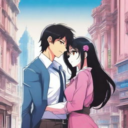 A 3D manga poster featuring a girl with long black-brown hair and bright pink eyes, wearing a long jeans frock