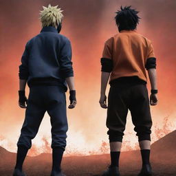 An amplified anime-style portrayal of Naruto and Sasuke standing back-to-back, emanating a raw, intensified power. Their faces masked with fury, bodies speckled with blood; the ground shakes beneath their might.