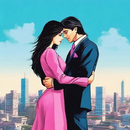 A girl with long black-brown hair and bright pink eyes, wearing a long jeans frock, is hugging a man with black hair and brown eyes who is dressed in a business suit