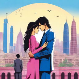 A girl with long black-brown hair and bright pink eyes, wearing a long jeans frock, is hugging a man with black hair and brown eyes who is dressed in a business suit