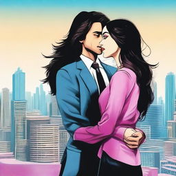 A girl with long black-brown hair and bright pink eyes, wearing a long jeans frock, is hugging a man with black hair and brown eyes who is dressed in a business suit