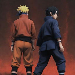 An amplified anime-style portrayal of Naruto and Sasuke standing back-to-back, emanating a raw, intensified power. Their faces masked with fury, bodies speckled with blood; the ground shakes beneath their might.