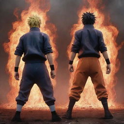 An ultra-stylized anime rendering of Naruto and Sasuke, exhibiting extreme power, standing back-to-back. They appear raging mad, their bodies stained with blood, while the ground vibrates from their overwhelming energy.