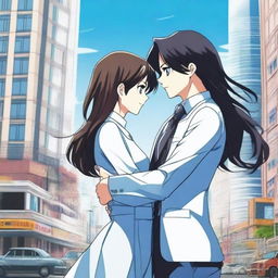 A girl with long black-brown hair wearing a long jeans frock hugging a boy with black hair in a business suit