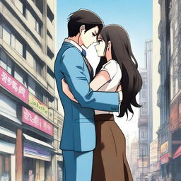 A girl with long black-brown hair wearing a long jeans frock hugging a boy with black hair in a business suit