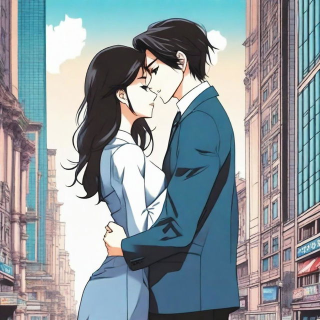 A girl with long black-brown hair wearing a long jeans frock hugging a boy with black hair in a business suit