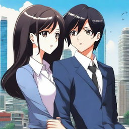 A girl with long black-brown hair wearing a long jeans frock hugging a boy with black hair in a business suit