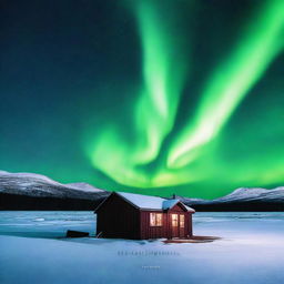 An ominous image looking out over a vast frozen lake at night with the Aurora Borealis looming in the night sky