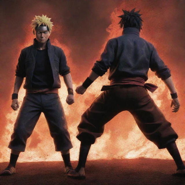 An ultra-stylized anime rendering of Naruto and Sasuke, exhibiting extreme power, standing back-to-back. They appear raging mad, their bodies stained with blood, while the ground vibrates from their overwhelming energy.