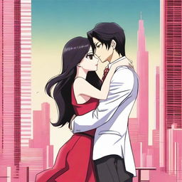 A girl with long black-brown hair and bright pink eyes, wearing a long red frock, is hugging a man with black hair and brown eyes who is wearing a business suit