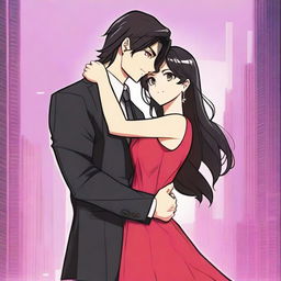 A girl with long black-brown hair and bright pink eyes, wearing a long red frock, is hugging a man with black hair and brown eyes who is wearing a business suit