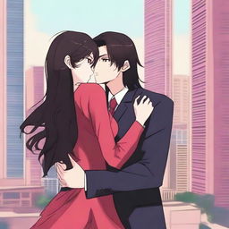 A girl with long black-brown hair and bright pink eyes, wearing a long red frock, is hugging a man with black hair and brown eyes who is wearing a business suit