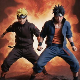 An ultra-stylized anime rendering of Naruto and Sasuke, exhibiting extreme power, standing back-to-back. They appear raging mad, their bodies stained with blood, while the ground vibrates from their overwhelming energy.