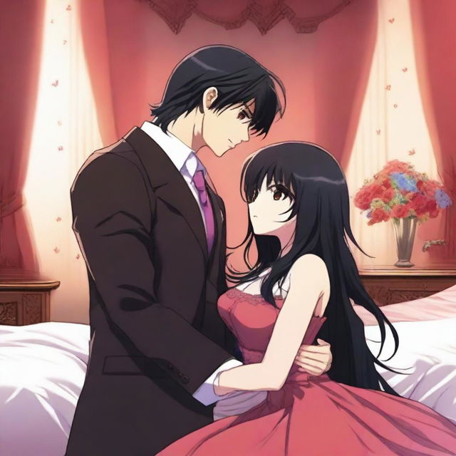 A girl with long black-brown hair and bright pink eyes, wearing a long red frock, hugging a man with black hair and brown eyes who is wearing a business suit