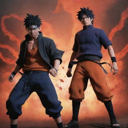 An ultra-stylized anime rendering of Naruto and Sasuke, exhibiting extreme power, standing back-to-back. They appear raging mad, their bodies stained with blood, while the ground vibrates from their overwhelming energy.