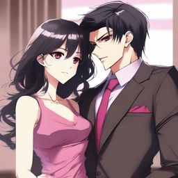 A girl with long black-brown hair and bright pink eyes wearing a long frock, hugging her husband, a boy with black hair and brown eyes dressed in a business suit