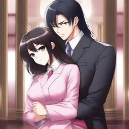 A girl with long black-brown hair and bright pink eyes wearing a long frock, hugging her husband, a boy with black hair and brown eyes dressed in a business suit