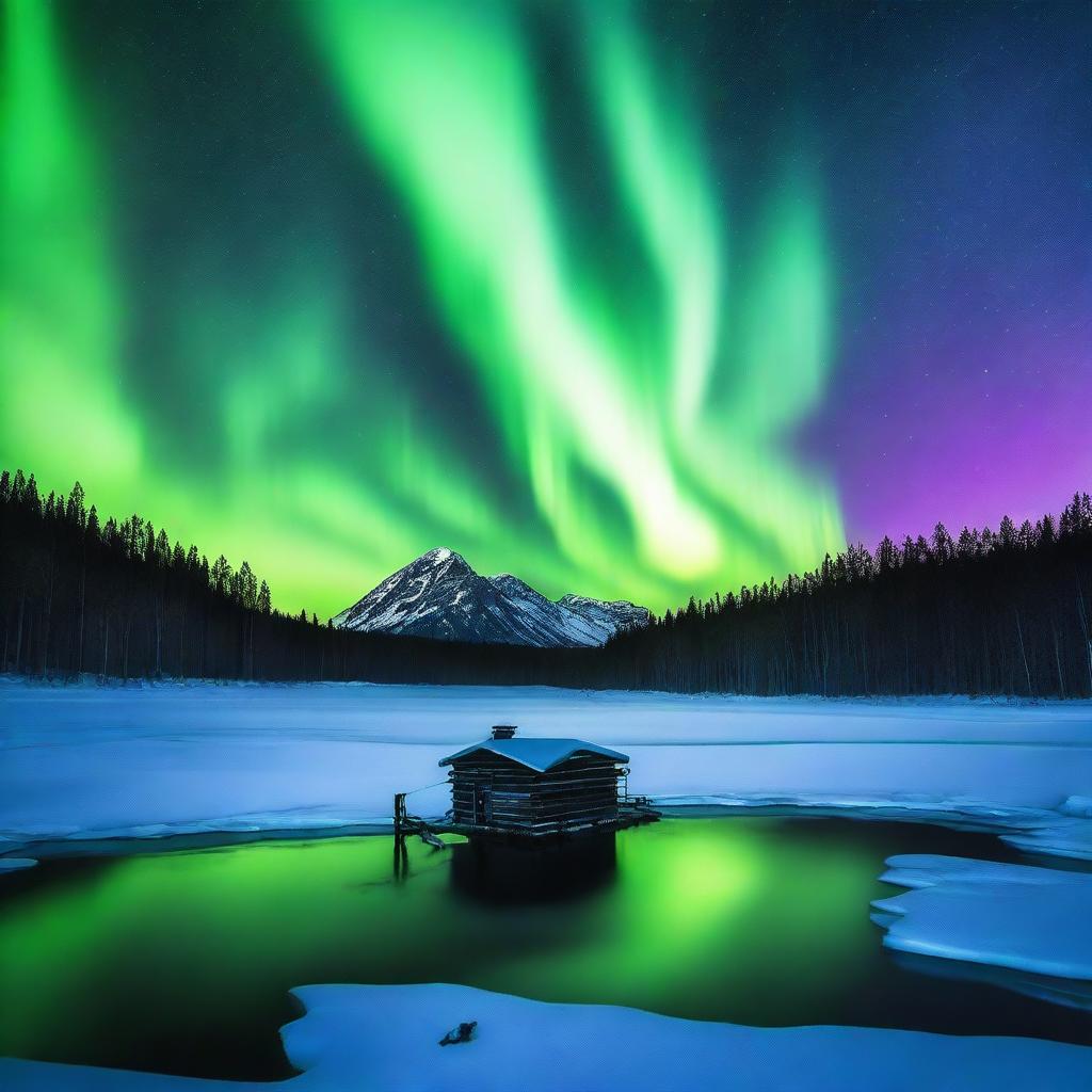 An ominous image looking out over a vast frozen lake at night