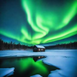 An ominous image looking out over a vast frozen lake at night