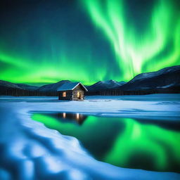 An ominous image looking out over a vast frozen lake at night