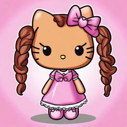 Create an image of a brown-skinned Hello Kitty character with braided hair, wearing pink clothes