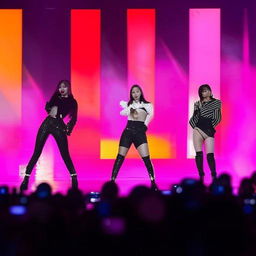 K-pop group Blackpink dancing on a brightly lit stage, showing off their synchronized and powerful dance moves with stylish outfits