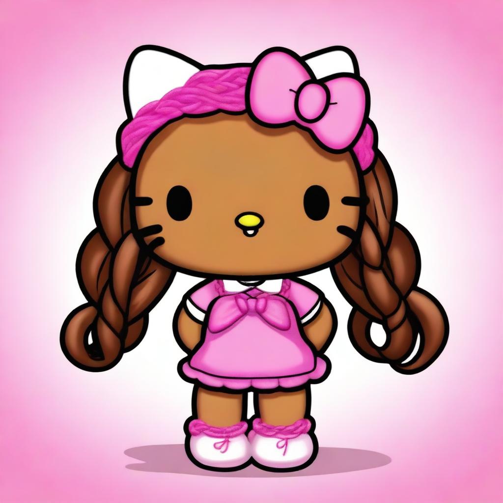 Create an image of a brown-skinned Hello Kitty character with braided hair, wearing pink clothes